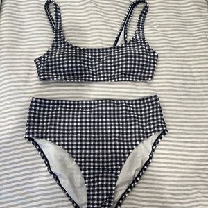 JCrew Gingham Scoop Bikini top and high-cut-waist bottoms in Navy